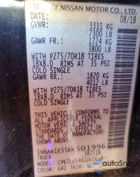 2019 Nissan Titan Sv from USA, damaged, VIN 1N6AA1E55KN501996